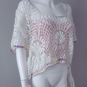 Sheer Knit Top • Crochet Lace • High-Low Oversized Vtg Boho • Crop S,M,L